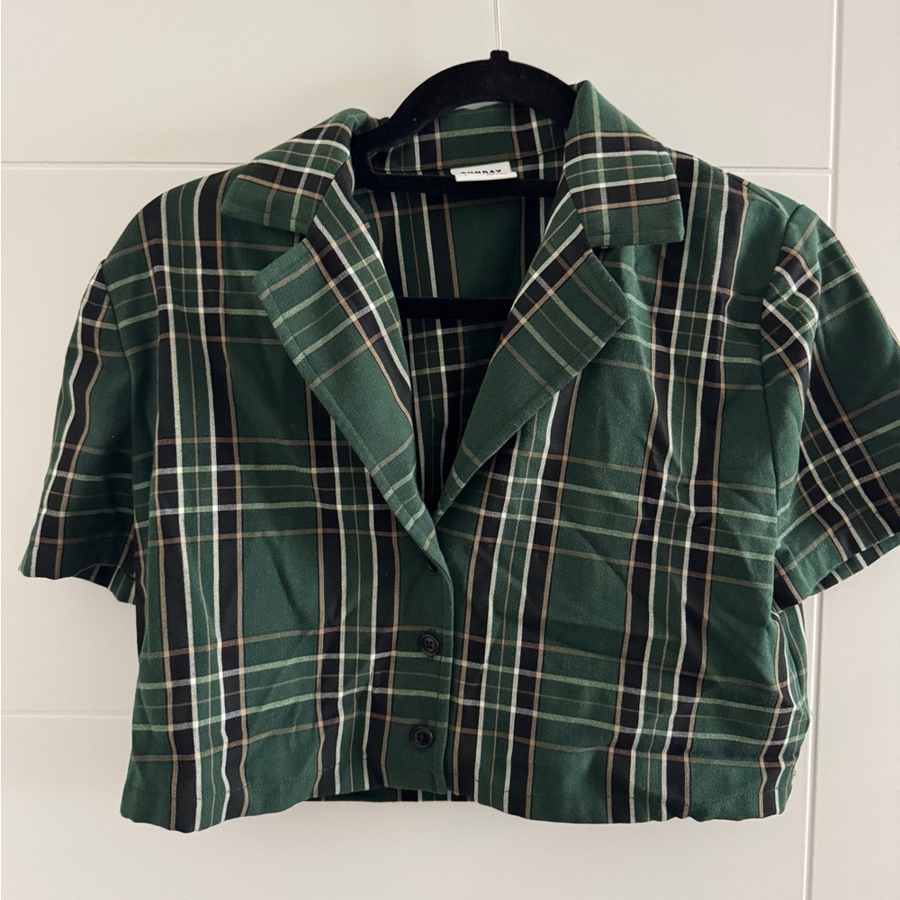 Aritzia Sunday Best Forest Green Plaid Cropped Shirt Size S